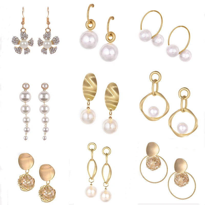 

ZHINI 2019 New Design Metal Gold Knot Geometric Irregular Natural Freshwater Pearl Long Drop Earrings for Women Girl Party Jewel