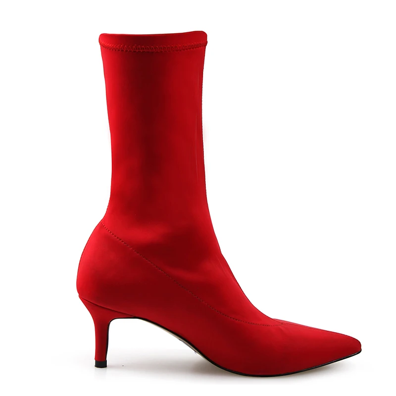 Girseaby/пикантные Красные сапоги для Для женщин с острым носком эластичные слипоны на высоком Полустелька сапоги женские туфли-лодочки на