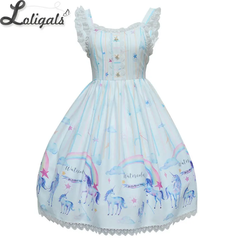 2019 Casual Lolita JSK Dress Sweet Unicorn & Rainbow Printed Chiffon Dress