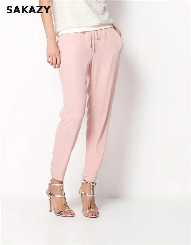 

2019 Summer Women Casual Loose Haren Pants Solid Elastic Waist Long Pants Stretch Female Harajuku Trousers Pantalone Pink Colors