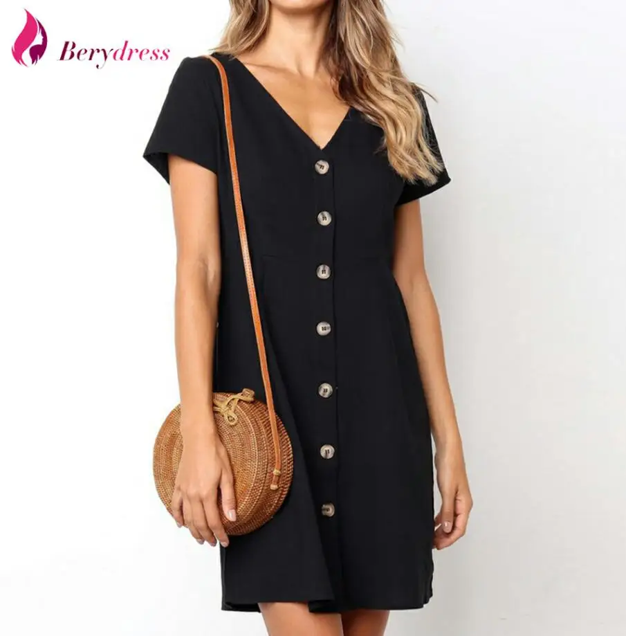Berydress, элегантное женское повседневное платье, v-образный вырез, короткий рукав, свободное, Vestidos, на пуговицах, летнее, Пляжное, маленькое, черное, сарафаны - Цвет: Черный