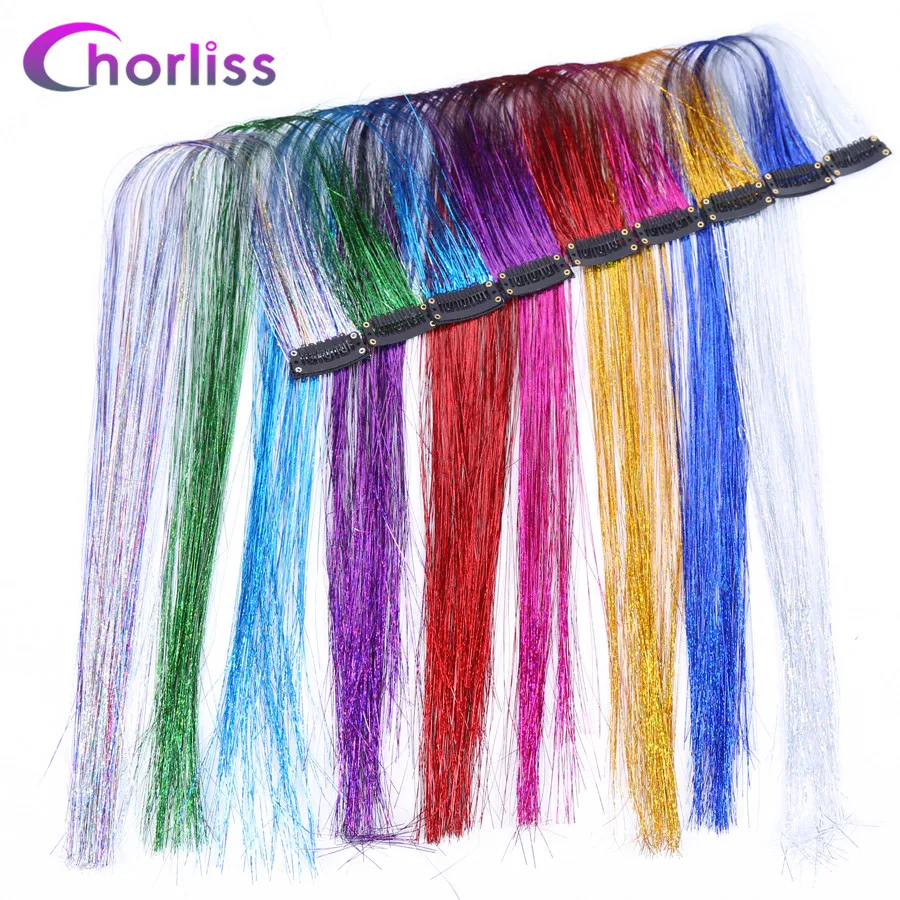 

Chorliss Synthetic Laser Hair Extensions Crochet Braids Shiny Braiding Hair Gold Silver Flash Hair Clips in Hair Extensions