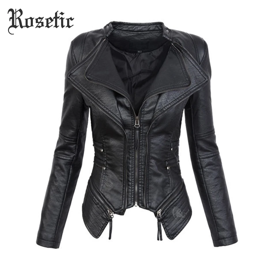 discounted  Rosetic Gothic Jacket Women Leather Black Jacket Female Coat Autumn Faux Soft Leather Jacket Women 
