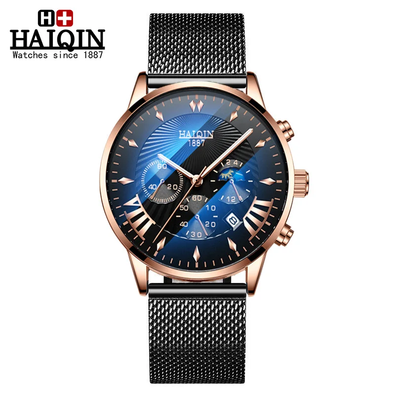 Gold black HAIQIN модные бизнес Топ брендовые Роскошные мужские часы с сетчатым РЕМЕШКОМ НАРУЧНЫЕ ЧАСЫ Мужские кварцевые часы Reloj hombres Новинка - Цвет: Gold black