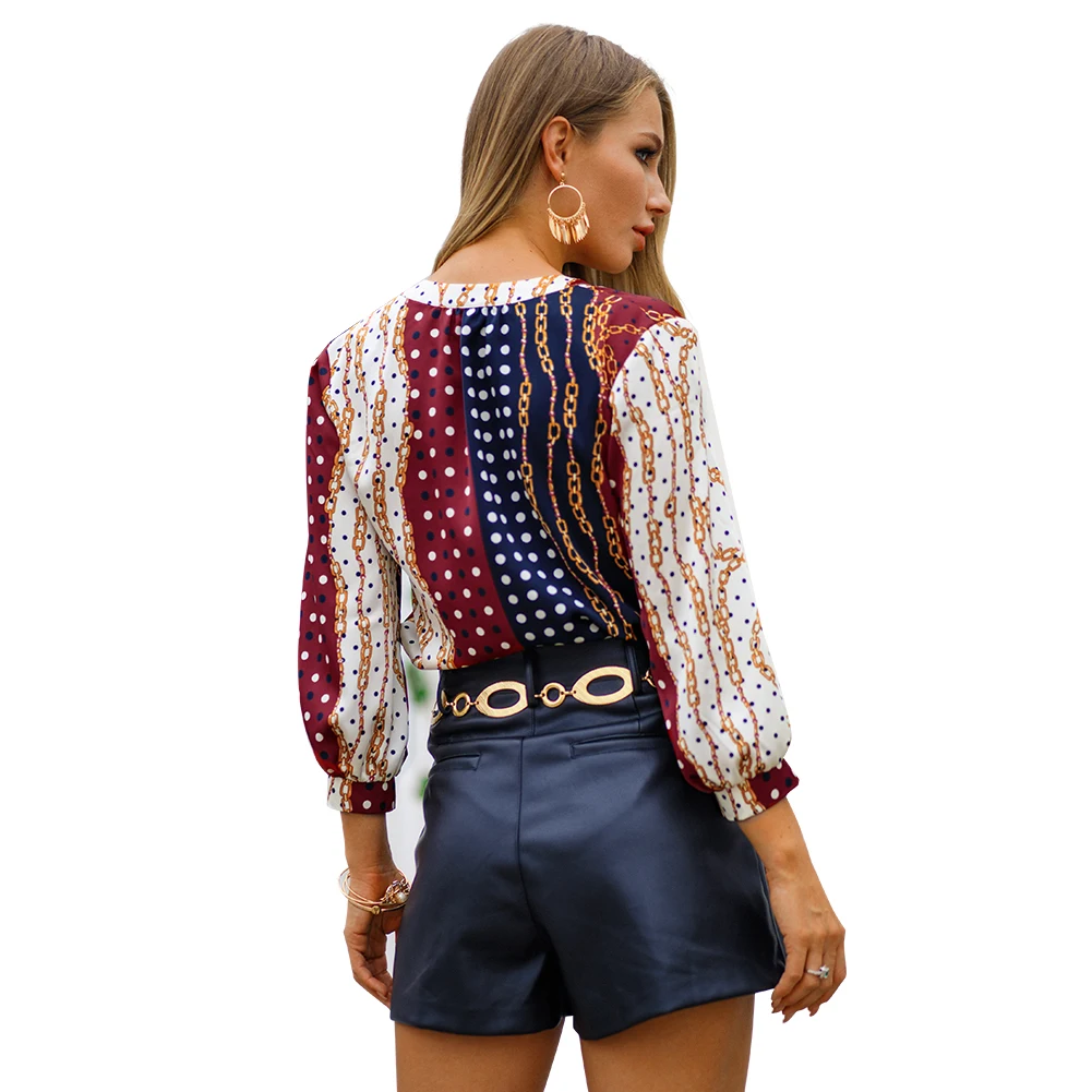 Новинка Boho шифоновая блузка женская с длинным рукавом цепочкой в горошек принтом