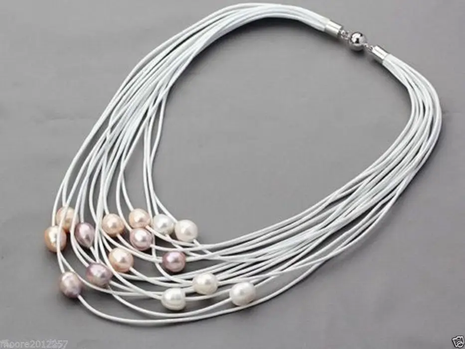 >@> Горячие Стиль>>>>> Multi-Strand 11-12 мм Белый и розовый Жемчуг Пресноводных на Коже Женщины Ожерелье