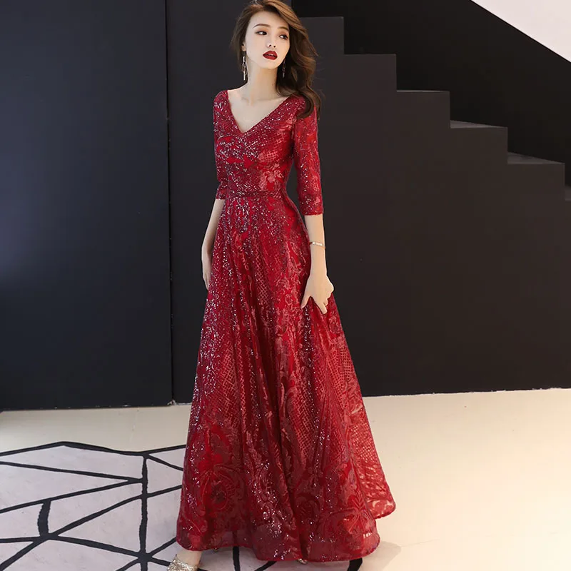 weiyin Gold Wine Red Evening Dresses Long 2019 Elegant V-neck A-line Floor-Length Sequined Formal Evening Gown WY1082