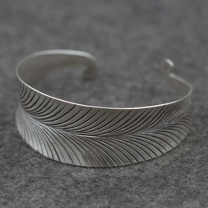 

Thailand Chiang Mai Handmade S925 Sterling Silver Old Wide-leaf Retro Thai Silver Men And Women Adjustable Bangle