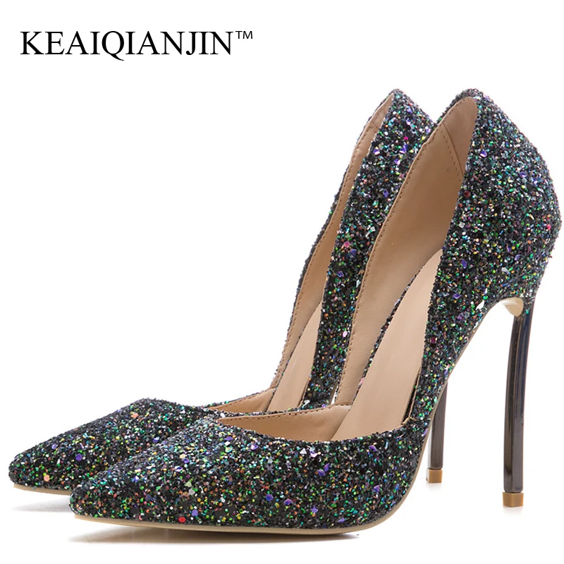 

KEAIQIANJIN Woman Plus Size 43 44 Glitter Shoes Sexy Stiletto Pink Silver Valentine Shoes Bling Blue Pointed Toe Wedding Pumps