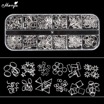 

Monja 12 Grid Gold Silver Mixed Styles Nail Art Star Heart Geometric flake Metal Rivet Studs 3D DIY Charm Decoration Accessories