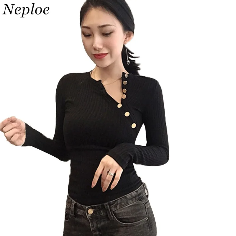 

Neploe Retro Brief Women Camisetas New Fashion Solid Buttons Patchwork T shirts Long Sleeve Knitted Female T-shirt 66679