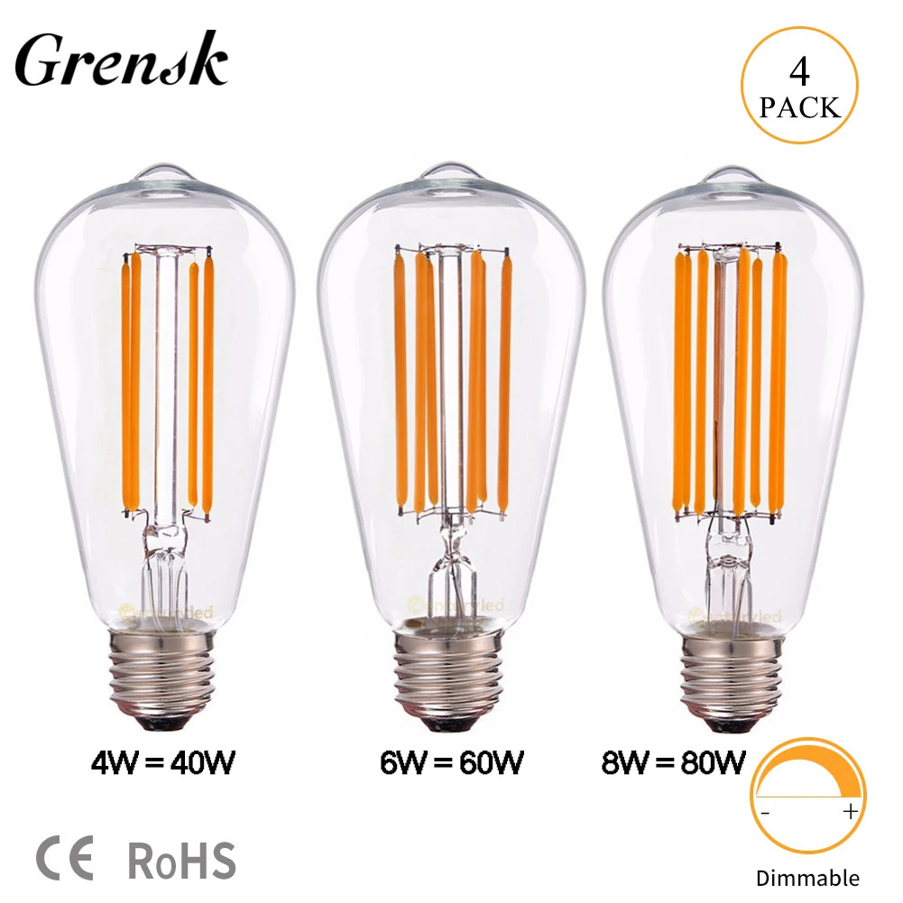 

Grensk ST64 E26 E27 Led Lamp Light 4W 6W 8W Vintage Led Bulb Long Filament Lamp Ultra Warm 2200K Dimmable Led Lights Decoration