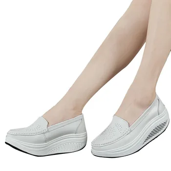 

ZHENZHOU 2018 spring genuine leather soft outsole work shoes female black swing shoes woman plus wedges single female shoes