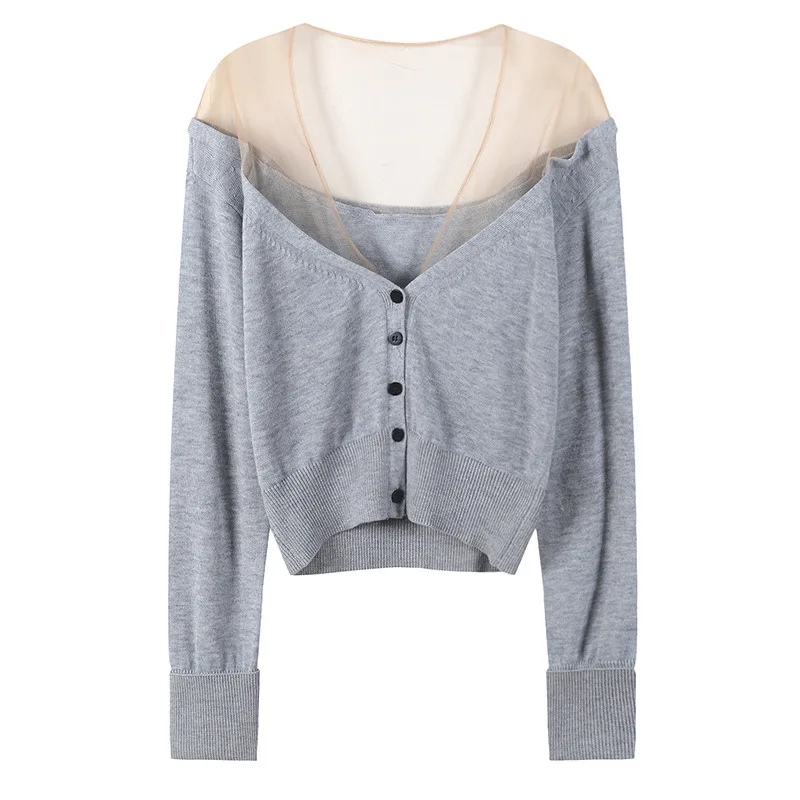 

GRUIICEEN patchwork mesh sexy V runway sweaters women short womens cardigans and jackets sweaters 2018 winter single breasted