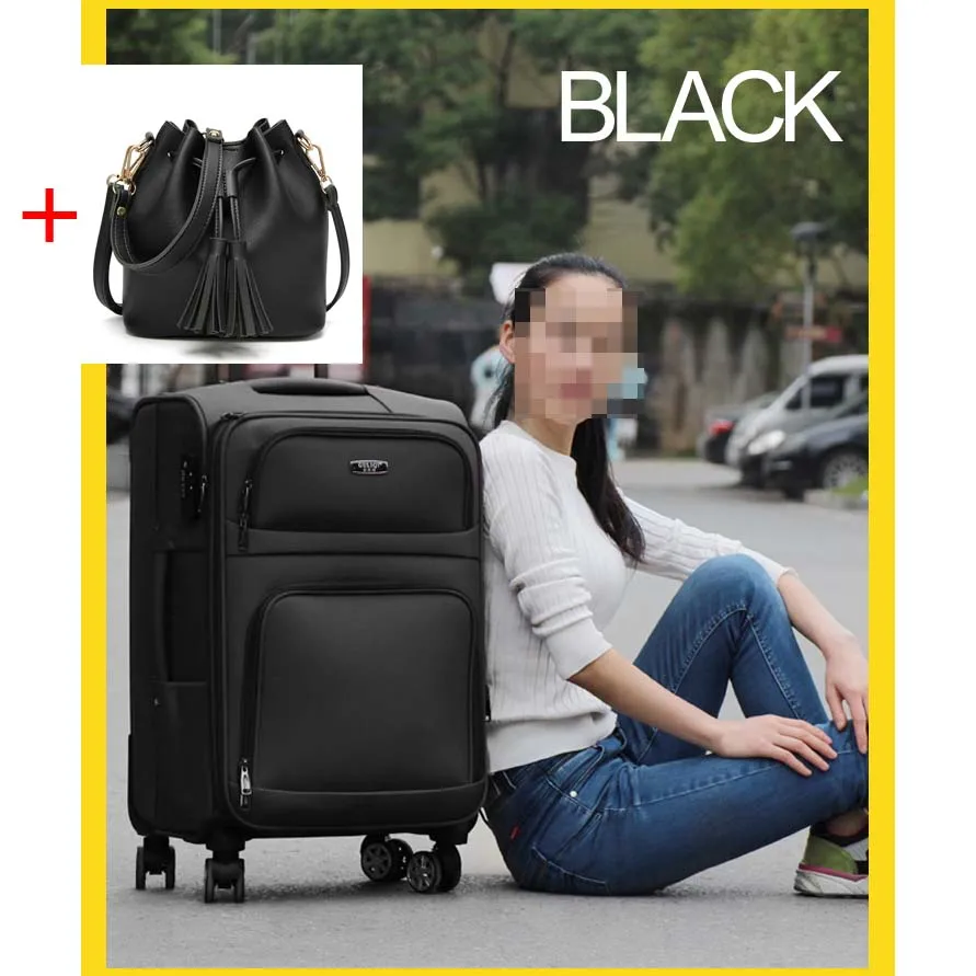 Letrend, Женский багаж на колёсиках, набор, Спиннер, колесо, чемодан, Оксфорд, женская сумка, дорожные сумки, 20 дюймов, Студенческая кабина, тележка - Цвет: black