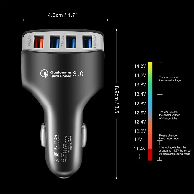 Powerful 4 USB Ports QC3.0 Car Charger Fast/Quick Charge 3.0 Smart Phone Car-Charger Adapter for iPhone Android Charge Adapter