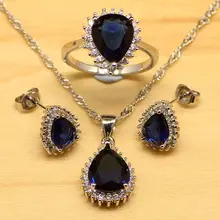 Синие циркониевые белые с фианитом Женские Ювелирные наборы из стерлингового серебра 925 пробы свадебные серьги/кулон/ожерелье/Кольцо подарочная коробка