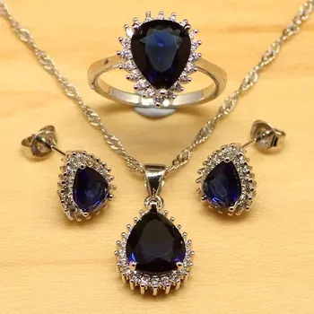 

Blue Zircon White CZ Women Silver Color Jewelry Sets Wedding Earrings/Pendant/Necklace/Ring Free Gifts Box