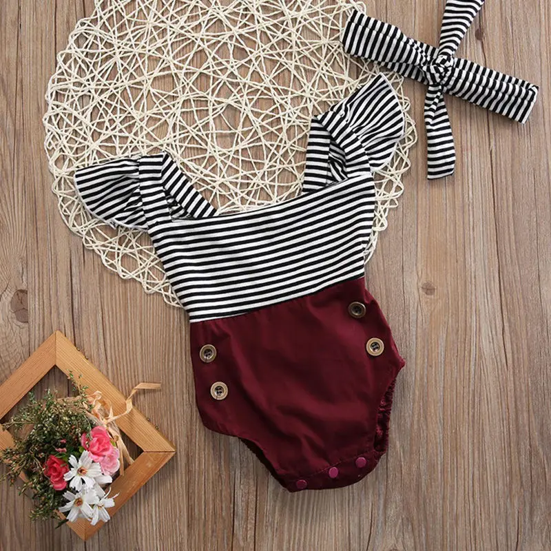 

Summer Newborn Baby Girl Clothes Striped Patchwork Bodysuit Headband Outfits Sunsuit Clothes Baby Bodysuits Clothing