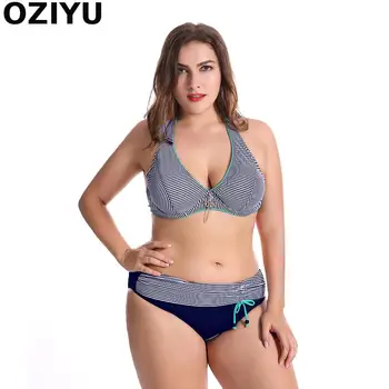 

Classical E/F/G cup Stripe push-up bikini set,big plus size mid-waist bottom womens swimwear swimsuits Halter 50-58