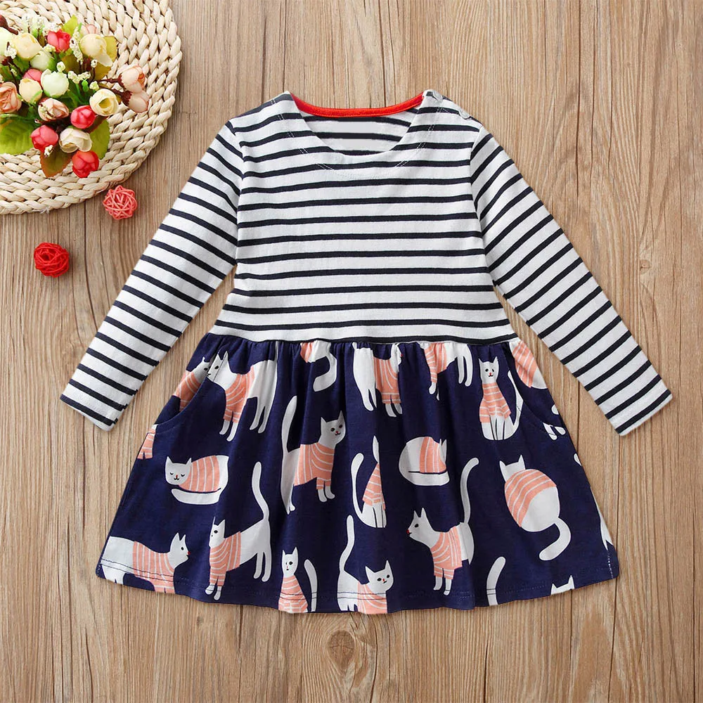 

MUQGEW Kids Dresses for Girls Children Kids Girls Long Sleeved Stripe Cartoon Cat Print Dress Clothes vestido Dress for Girl
