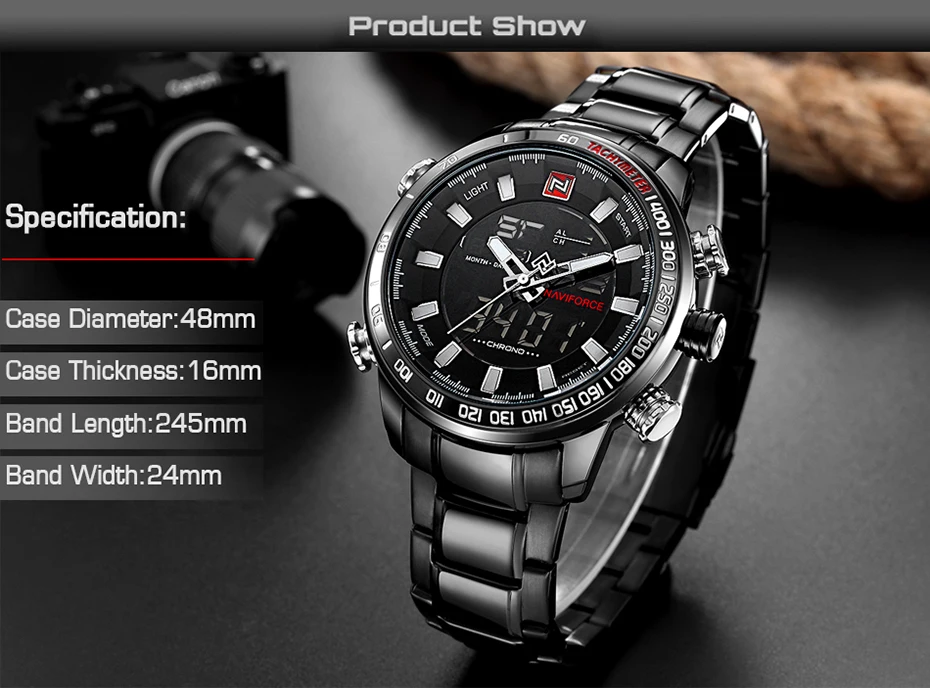 NAVIFORCE мужские часы цифровые аналоговые спортивные мужские s наручные часы лучший бренд класса люкс Военная Нержавеющая сталь светодиодный кварцевые мужские часы 9093