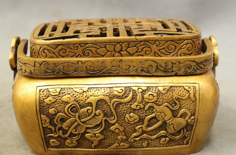 

USPS to USA S1406 Chinese Bronze Lucky Patterns Gourd Fan Statue Handle Incense Burner Jar Box B0401