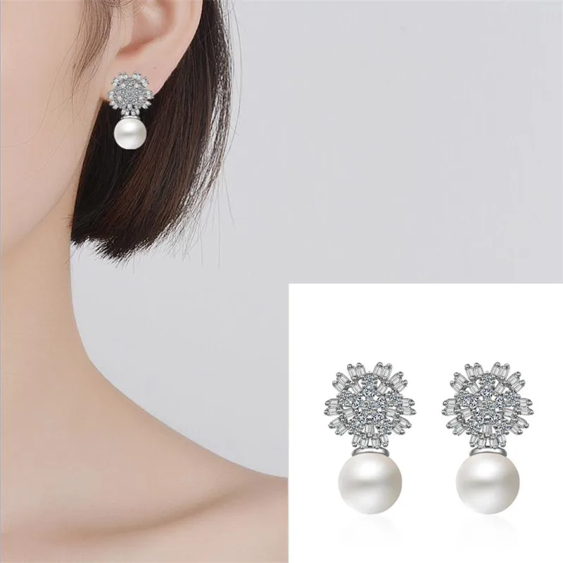TJP New Fashion 925 Silver Women Stud Earring Party Jewelry Trendy Clear Crystal Zircon Stones Earrings For Girl Bride Bijou | Украшения и