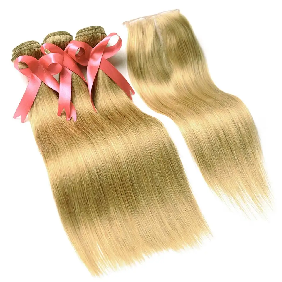 Мёд блондинка Связки с синтетическое закрытие волос цвет 27 перуанский прямой натуральные волосы ткань 3 Связки с синтетическое закрытие