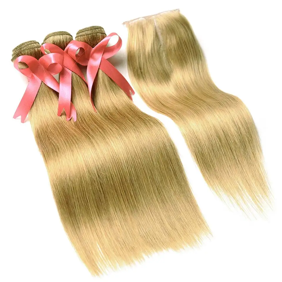 Color 27 Blonde Straight Hair 3 Bundle With Closure Brazilian Human Hair Weave Honey Blonde Bundle With Closure Soft Human Hair Full Bundles Thick Hair No tangle (33)