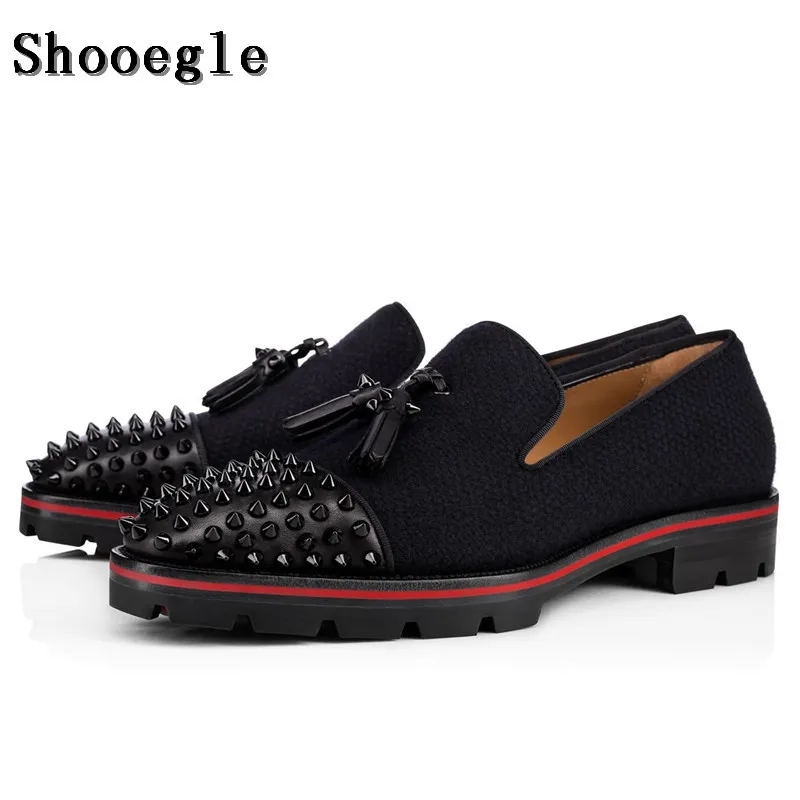SHOOEGLE/модные мужские черные туфли с кисточками лоферы шипами и на плоской подошве