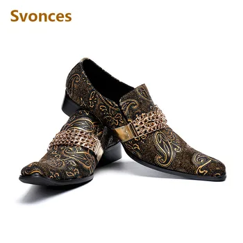 

Genuine Leather Dressing Shoes Man Fashion Printing Gold Chain Pointed Toe Gentleman Flats Casual Party Laofers Mens Shoes New
