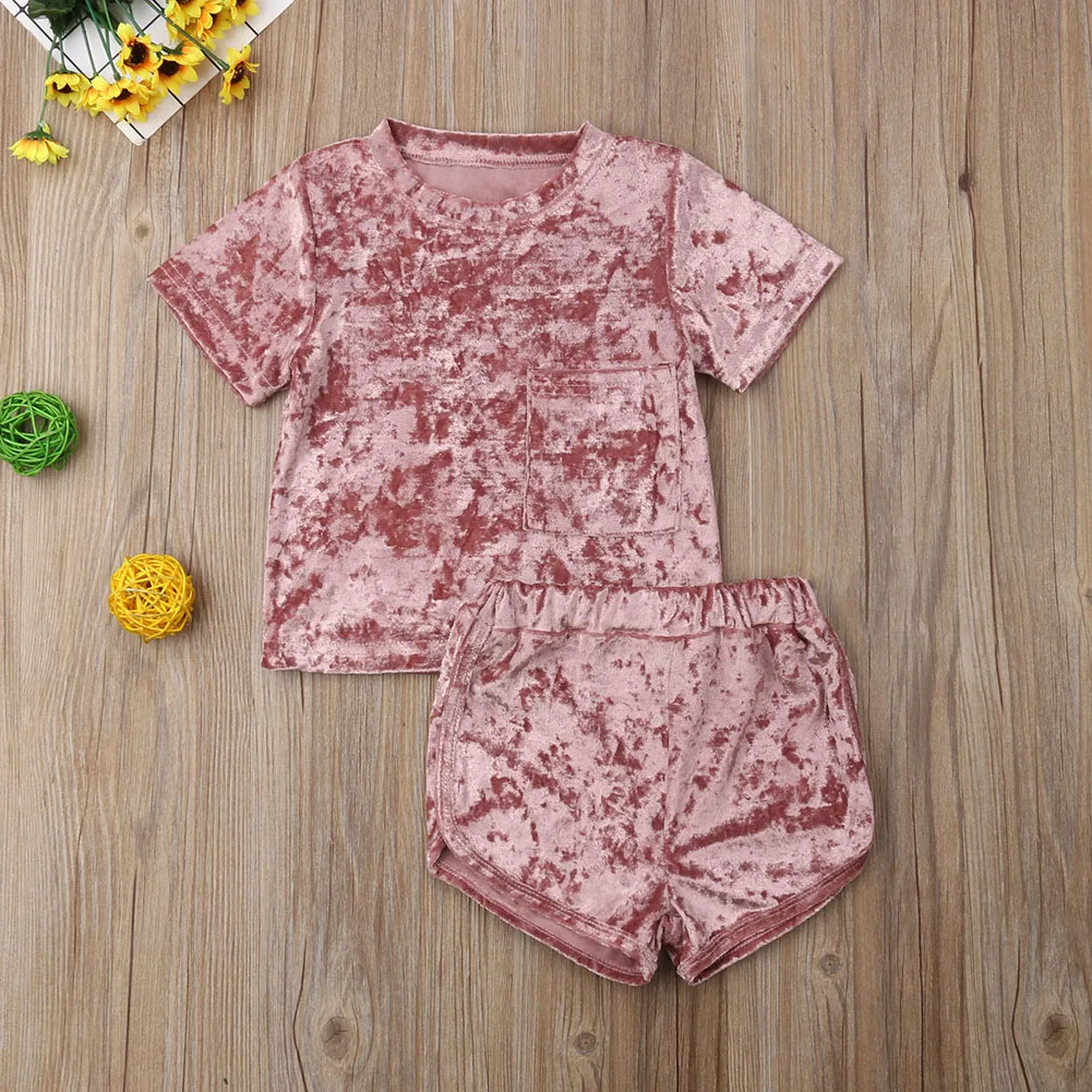 6M-5Y Kids Baby Girl Boy Velet Clothes Sets Summer Casual Solid 2Pcs Short Sleeve O-Neck Tops Elastic Waist Shorts Outfits