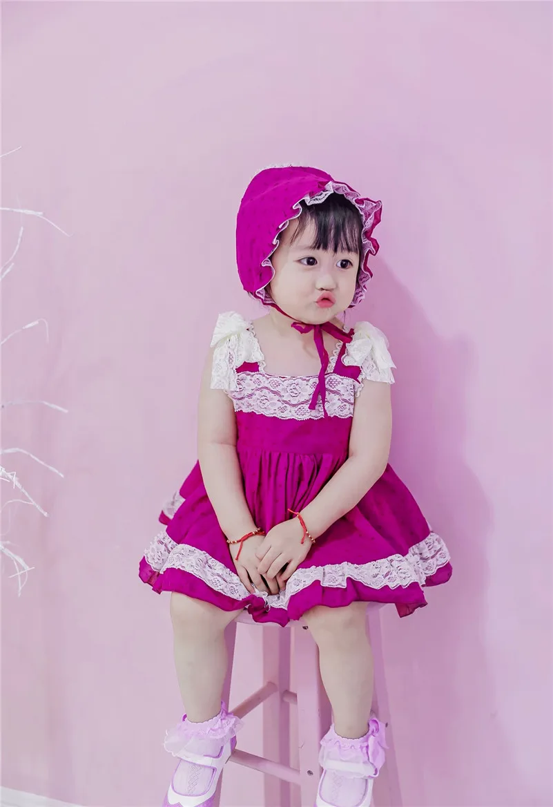Милое фиолетовое кружевное хлопковое летнее платье принцессы для девочек винтажное испанское платье Вечерние платья на день рождения для девочек с шапкой G051