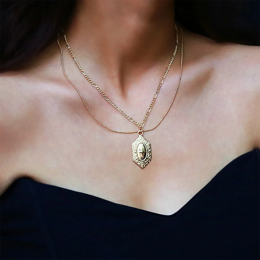 

KISS WIFE Vintage Copper Bead Chain Necklace Women's Geometric Pendant Necklace Gold Color Medallion Religious Fashion Jewelry