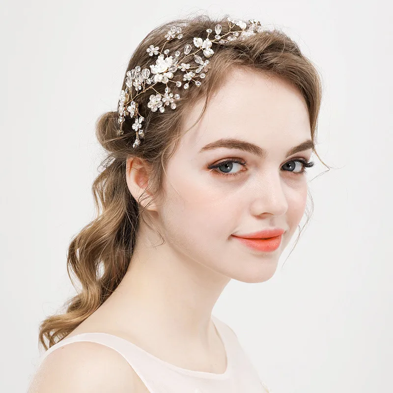 SLBRIDAL ручной работы проводной горный хрусталь кристалл жемчуг свадебное украшение на голову свадебные волосы лоза аксессуары для волос подружки невесты женские украшения
