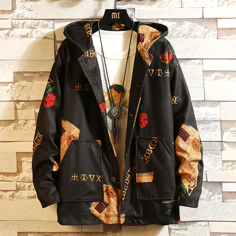 Aolamegs INS Hooded Bomber Jackets Men Streetwear Flower Print Windbreaker Male Korean Fashion Autumn Jackets Coats Street Coat