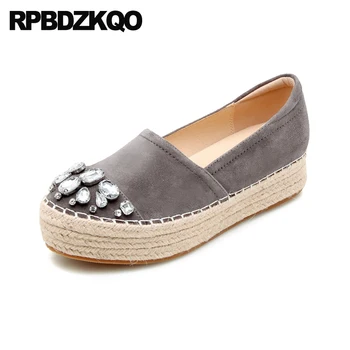 

Gray Handmade Creepers Platform Shoes Watermelon Espadrilles Women Diamond Hemp Crystal Fisherman Grey Muffin Thick Sole Flats