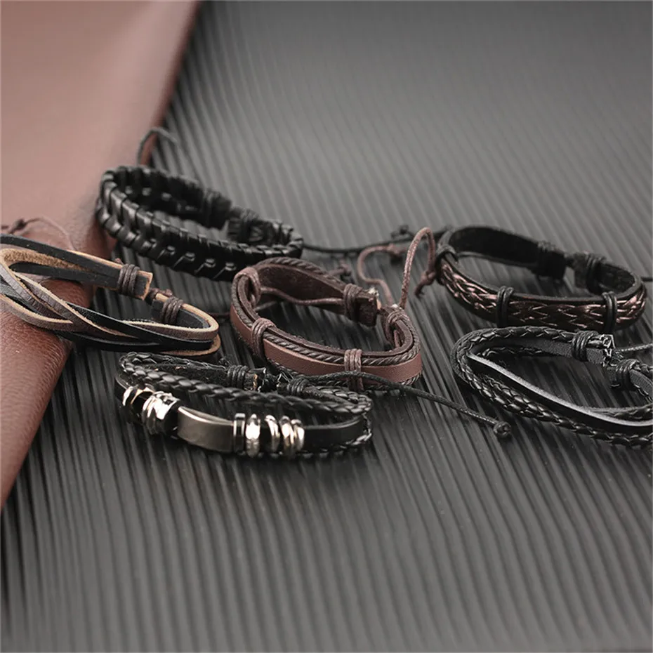 Black Brown Geometric Shape Rope Chain Mens Bracelet Set Punk Genuine Leather Bracelet Charms Gifts For Men (10)