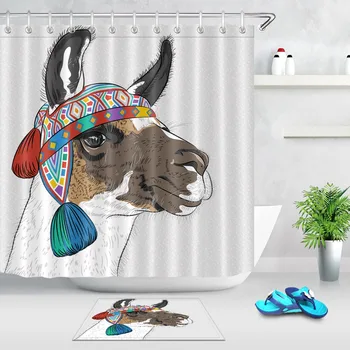 

LB Boho Funny Alpaca Smiling Hat Hipster Shower Curtain with Mat Set Polyester Bathroom Waterproof Fabric For Kids Bathtub Decor