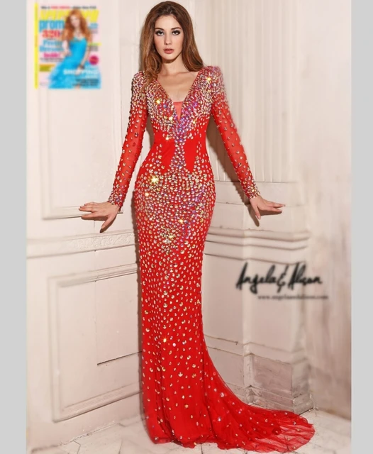 Buy Glamorous Red Crystal Beaded Long Sleeve Evening