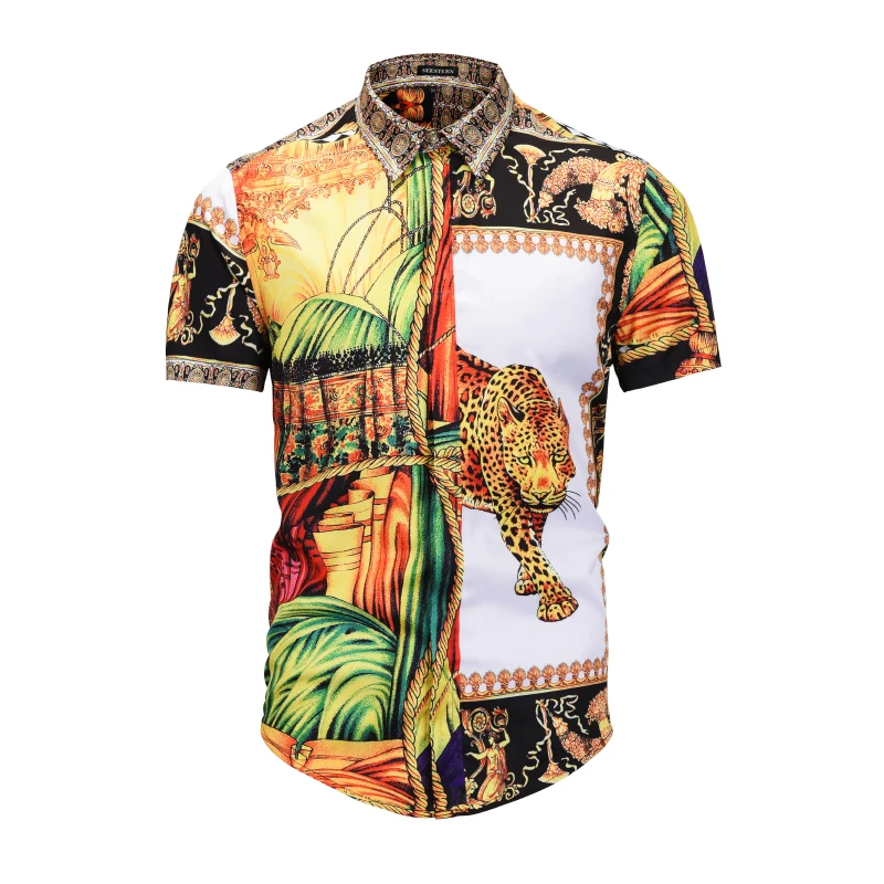 

men's Short sleeve shirt printed leopard color matching lattice string flower character fashionable western style youth shirts