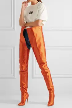 

2017 Newest Women Fashion Waist Boots Sexy Pointed Toe Ladies Stiletto Boots Sexy Orange Leather Female Party High Heel Boots