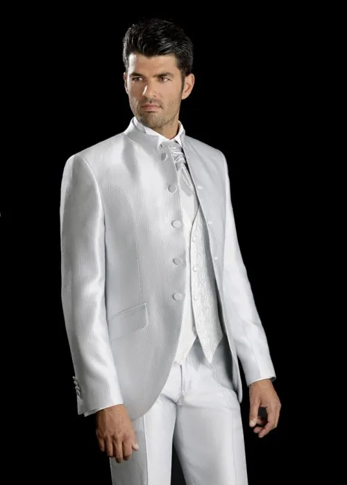 2018 White Mandarin Collar Men Tuxedos Slim Fit Wedding Suits for