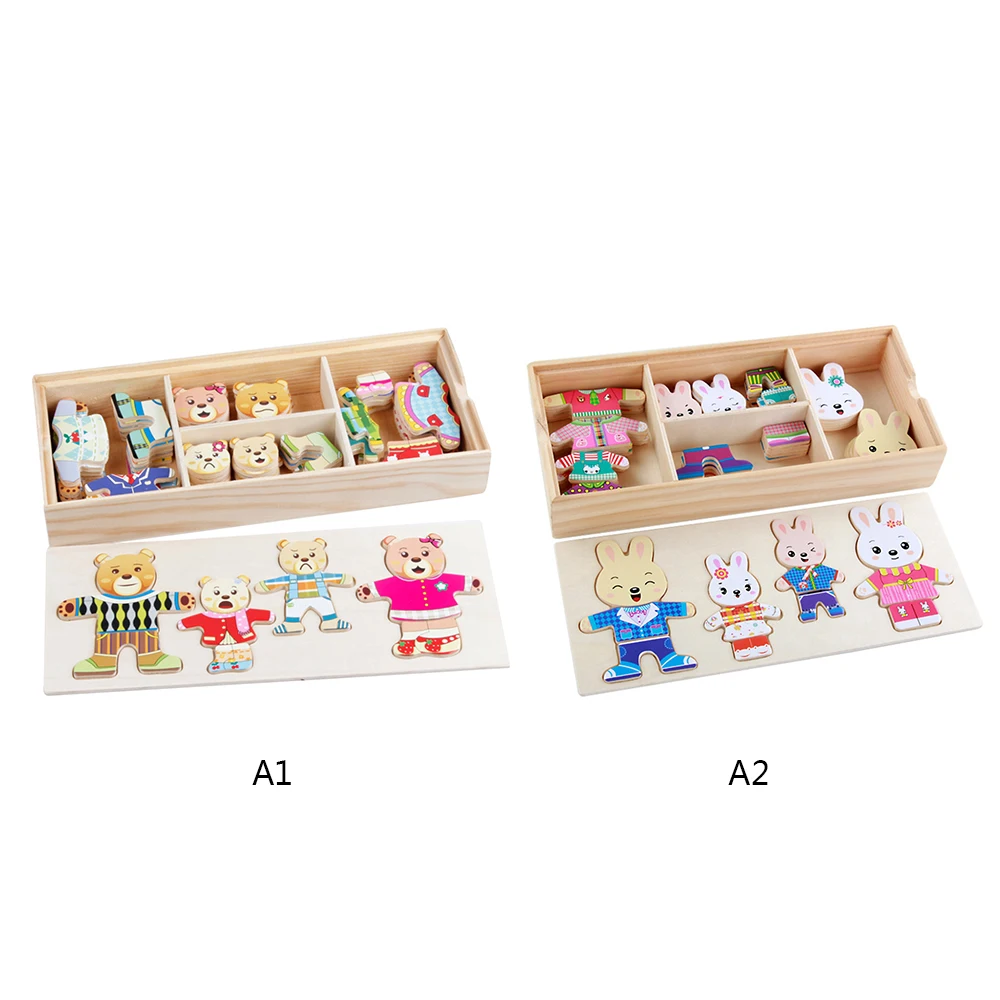 Детские деревянные Обучающие головоломки, набор мультяшных игрушек, мишка, кролик, сменная одежда, пазлы, Детские деревянные игрушки
