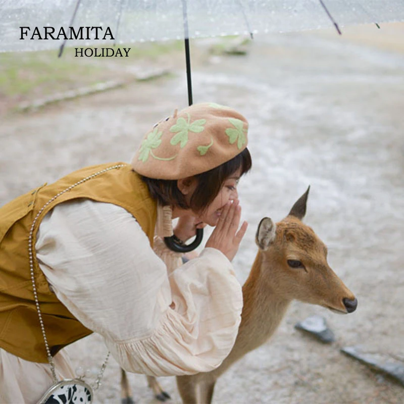 

Faramita Holiday Honeybee and Clover Women Fashion Personality Vintage Hand Made Girls Hats Manual Wool Bersts Warm Caps Female