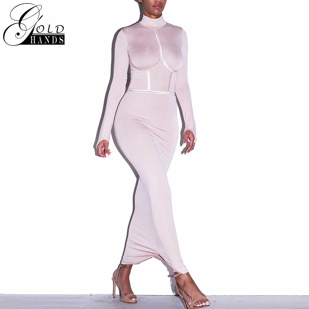 

Gold Hands Empire Sheath Long-sleeved Cotton Dresses 2019 Summer Ankle-Length Turtleneck Stand Splice Solid Dress Streetwear