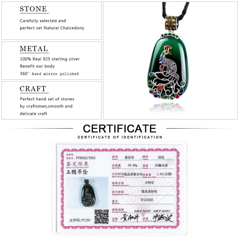 EDI Vintage Green/Black/Yellow Agate Gems Necklace Pendant For Women 925 Sterling Silver Cord Peacock Figure Cloisonne Jewelry