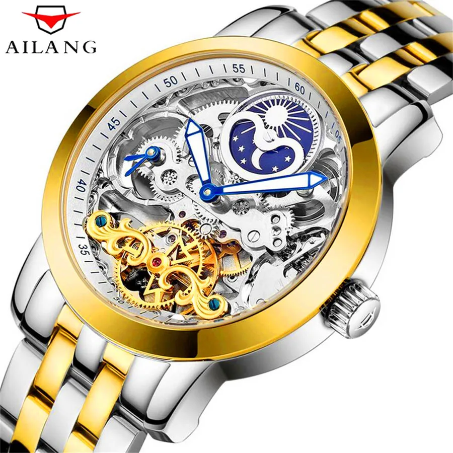 AILANG Skeleton Tourbillon модные повседневные дизайнерские механические мужские часы Топ бренд класса люкс автоматические часы мужские часы - Цвет: White Gold