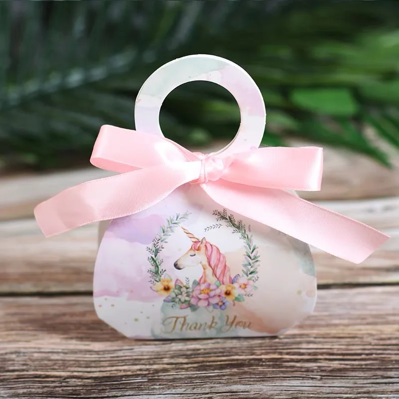 

50pcs Baby shower Party Wedding Favors Pink/green Marble unicorn Candy Boxes thanks Sweet Gift Box handbag Portable paper bag